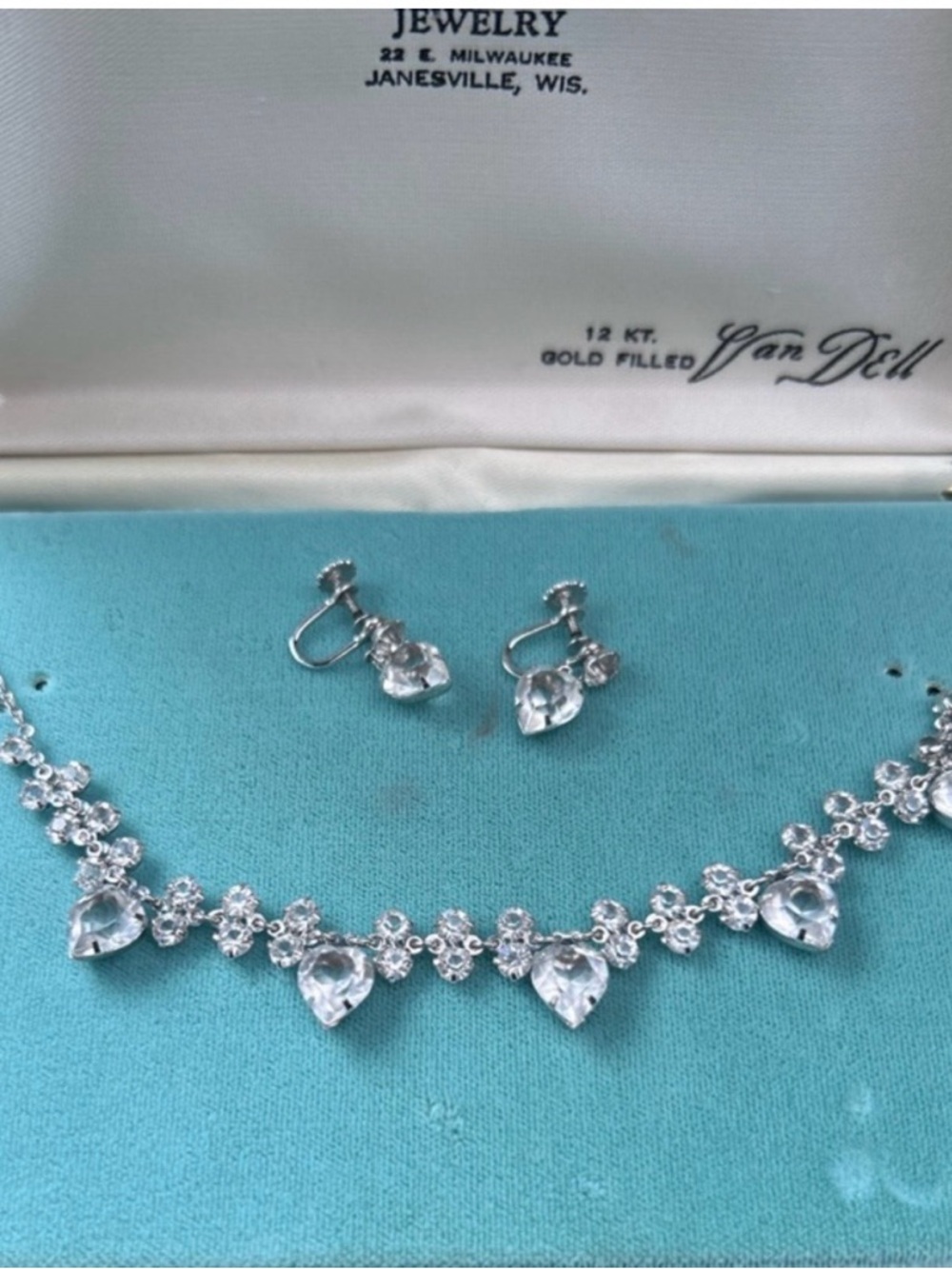Vintage Van Dell 12k White Gold Filled Crystal Heart Necklace & Clip-On Earrings